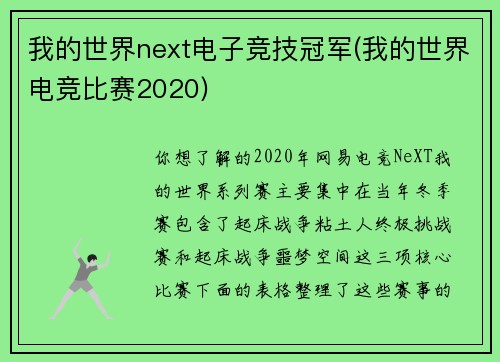 我的世界next电子竞技冠军(我的世界电竞比赛2020)