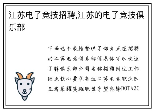 江苏电子竞技招聘,江苏的电子竞技俱乐部